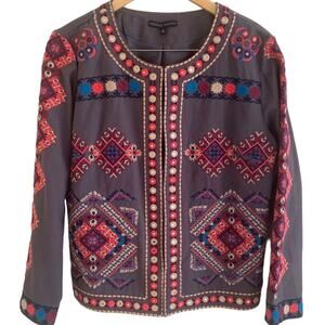Indigo Moon Womens Sz L Hand Embordered Grey, Beige, Pink, Blue Jacket